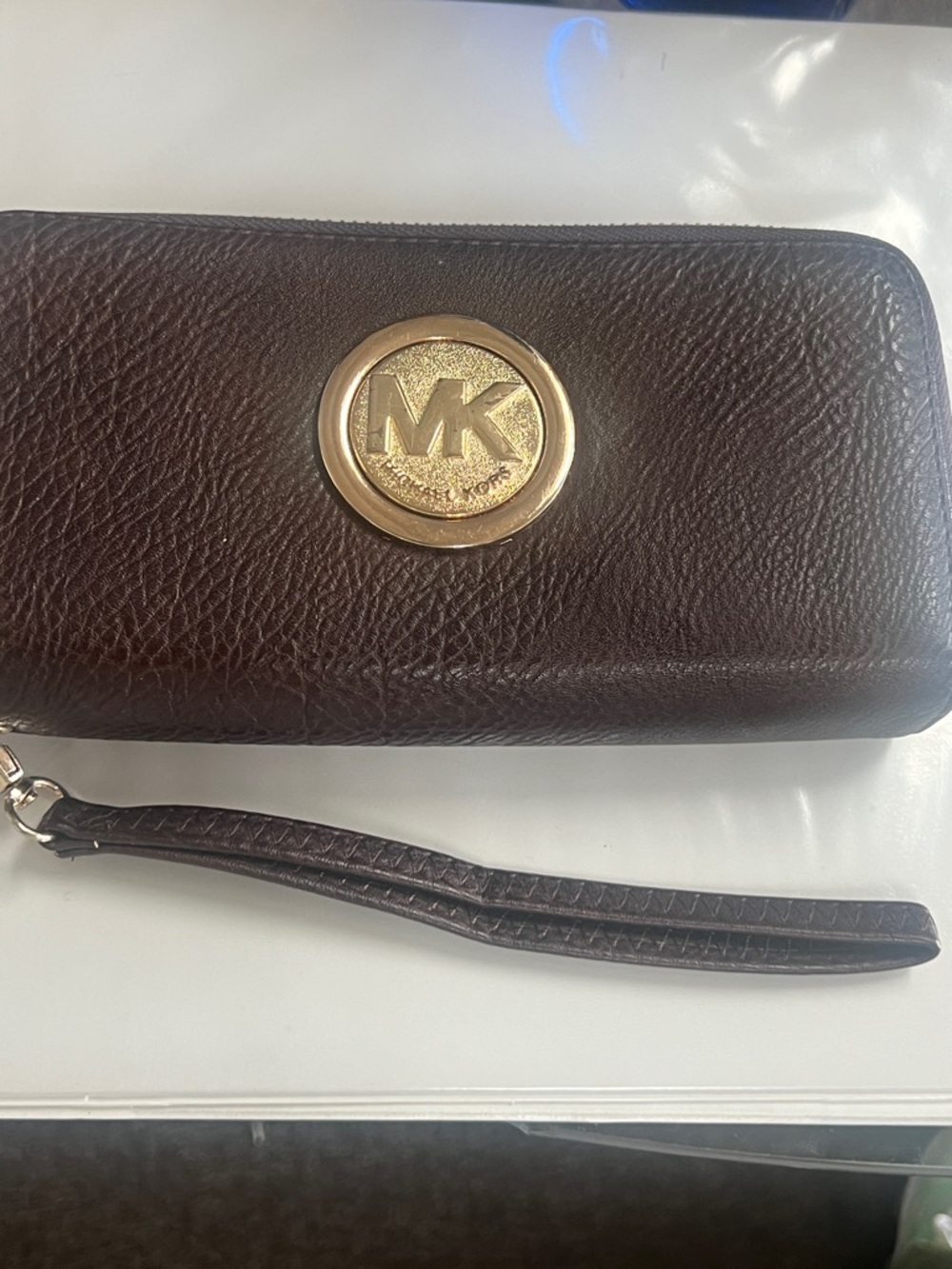 Michael Kors Dark Brown Leather Wristlet with Gold MK Emblem